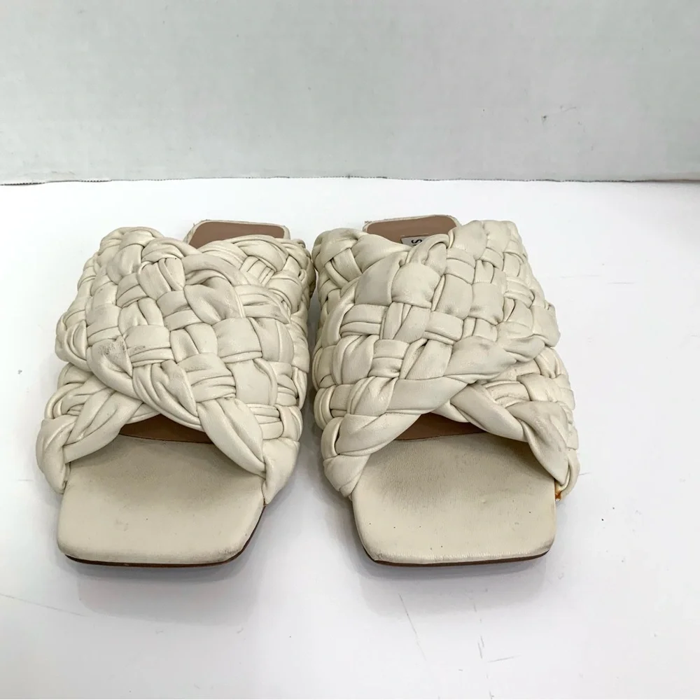 STEVE‎ MADDEN Sz 6.5 Ivory Marina Square Toe Chunky Woven Slip On Slide Sandals